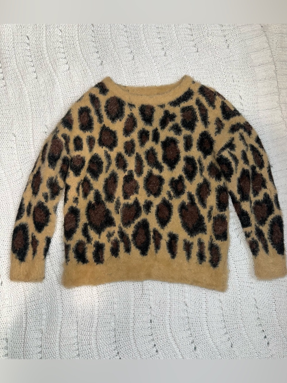 Hayden Leopard Print Fuzzy Crewneck Sweater - Tan/Brown/Black